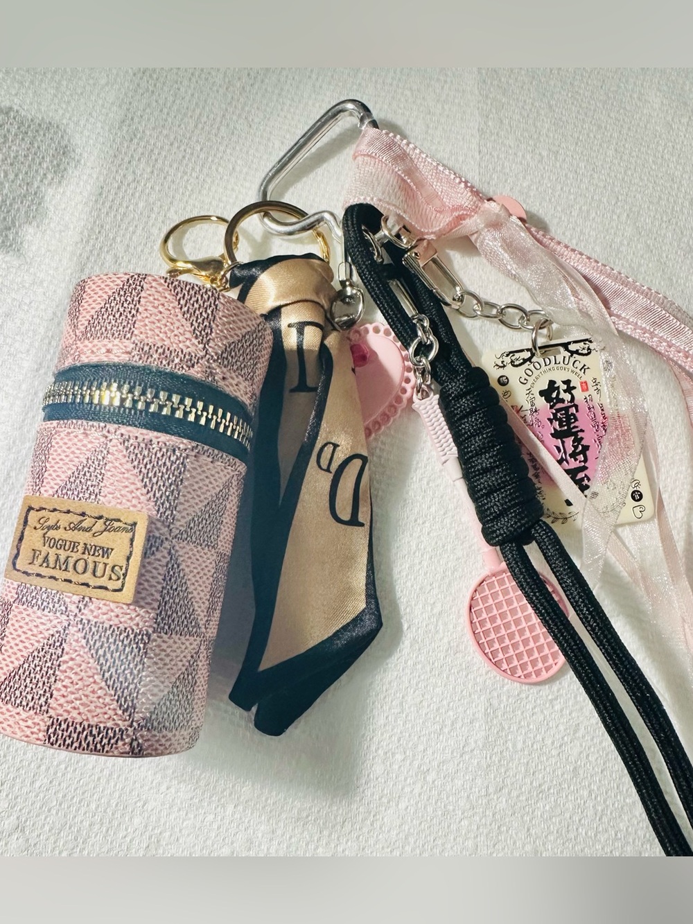 Pink Geometric Keychain Pouch with Ribbon and Charms